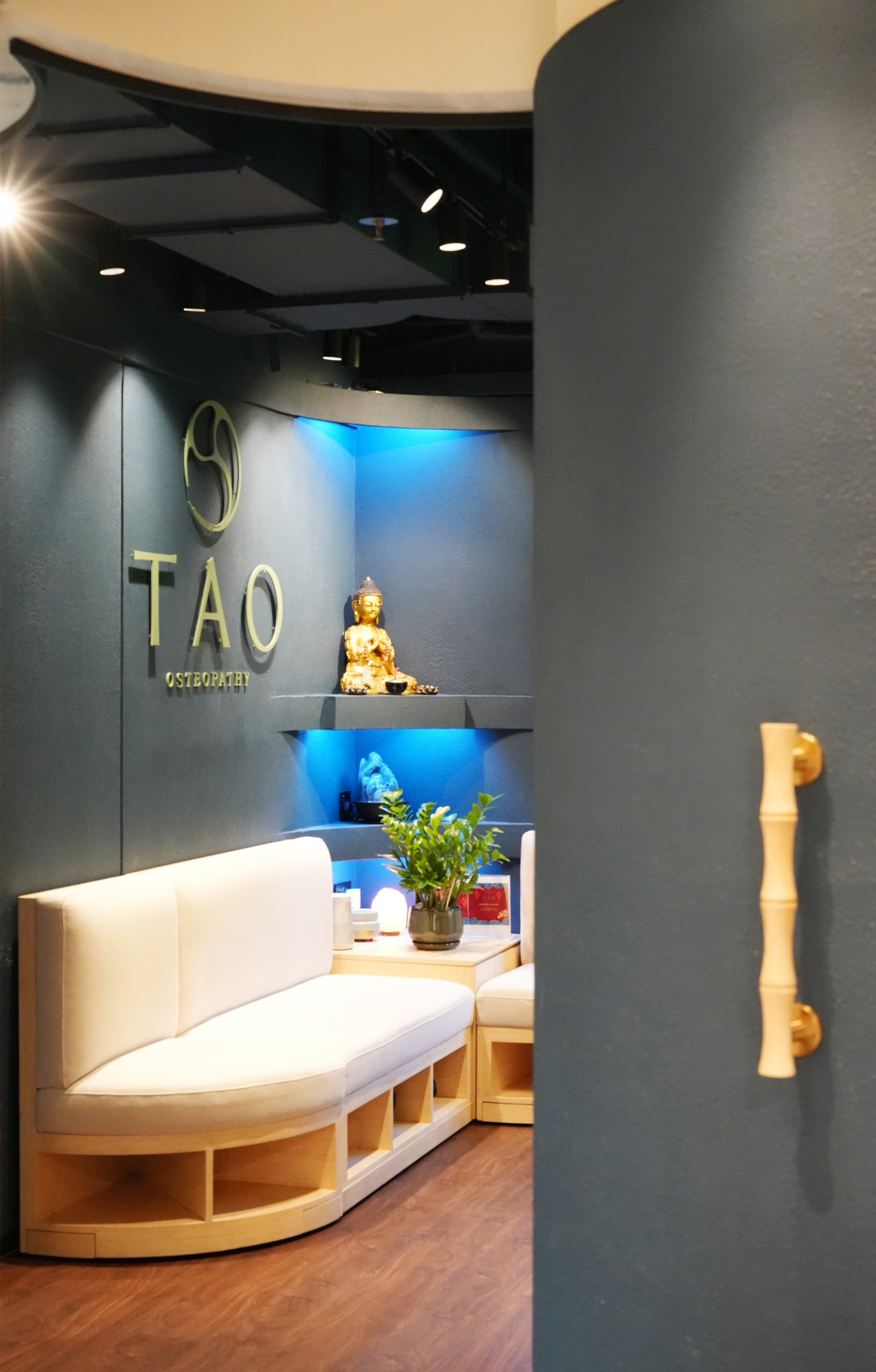 The TAO Osteopathy reception, with curved teal walls, the gold TAO logo, a golden Buddha in a blue-lit niche, and a white cushioned bench on light wood flooring
